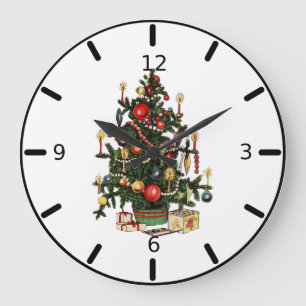 Grande Horloge Ronde Arbre de Noël décoré vintage