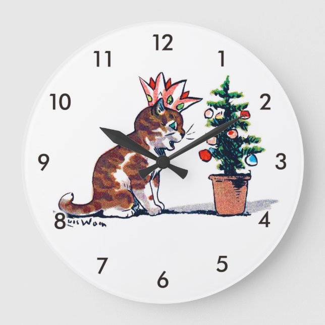 Grande Horloge Ronde Arbre de Noël et chaton, Louis Wain (Recto)