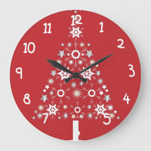 Grande Horloge Ronde Arbre de Noël étoilé sur arrière - plan rouge