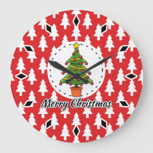 Grande Horloge Ronde Arbre de Noël sur le Motif des pins rouges - Joyeu