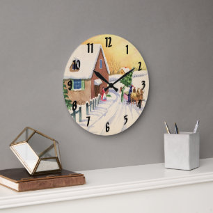 Grande Horloge Ronde Arbre de Noël vintage sur une route enneigée d'hiv