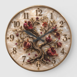 Grande Horloge Ronde Arbre de Vie avec Grenades Art en Relief 3D