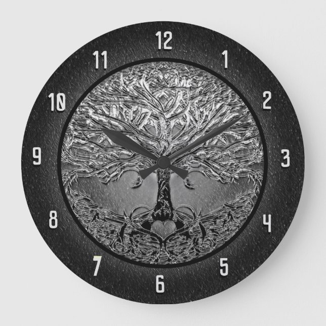 Grande Horloge Ronde Arbre de vie Coeur en noir et blanc (Recto)