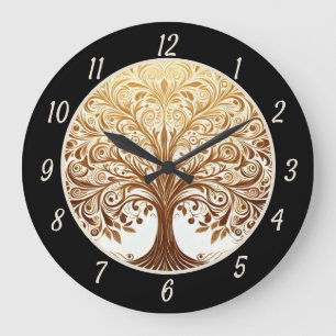 Grande Horloge Ronde Arbre de Vie Spirituel Zen Yoga en Or Élégant