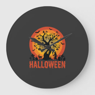 Grande Horloge Ronde Arbre ensorcelé Halloween Sorcière et chats noirs