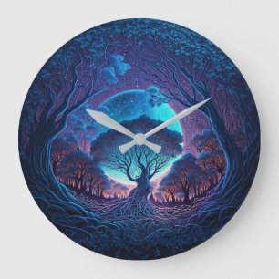 Grande Horloge Ronde Arbre mystique des racines illuminé par la grande