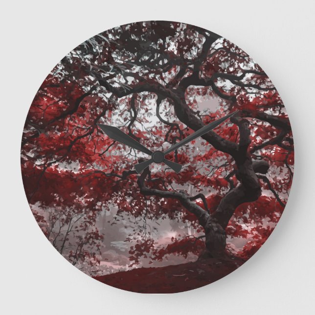 Grande Horloge Ronde Arbre rouge en fleurs de cerisiers (Recto)