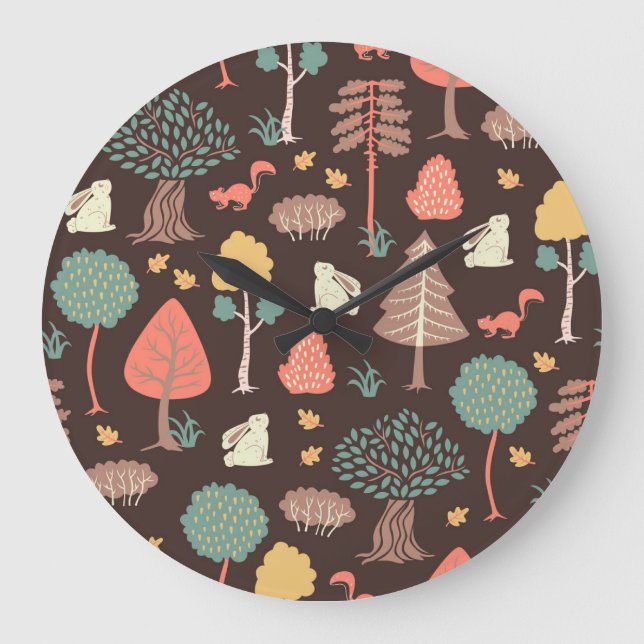 Grande Horloge Ronde Arbres Animaux : Scène Naturelle Dessinée À La Mai (Recto)