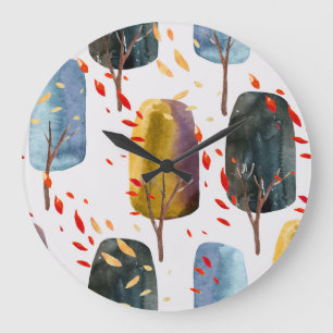 Grande Horloge Ronde Arbres d'automne : Aquarelle peinte à la main sans