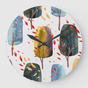 Grande Horloge Ronde Arbres d'automne : Aquarelle peinte à la main sans