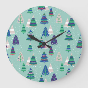 Grande Horloge Ronde Arbres de Noël, arrière - plan bleu