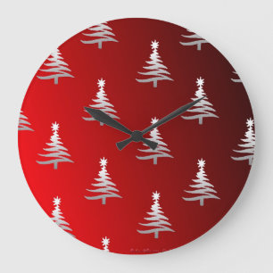 Grande Horloge Ronde Arbres de Noël en argent sur rouge