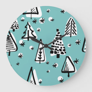 Grande Horloge Ronde Arbres de Noël scandinaves : graphismes vintages.