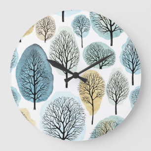 Grande Horloge Ronde Arbres dessinés à la main, aquarelle tache motif.