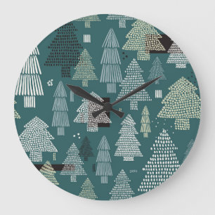 Grande Horloge Ronde Arbres d'hiver, motif vintage de Noël.