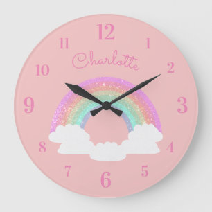 Grande Horloge Ronde Arc-en-ciel Pailleté Pastel avec Nom Personnalisé