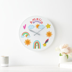 Grande Horloge Ronde Arc-en-ciel Soleil Étoile et Nuages sont Heureux E