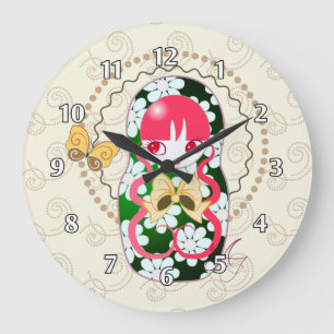 Grande Horloge Ronde Arc et fleurs Matryoshka d'or de Kawaii