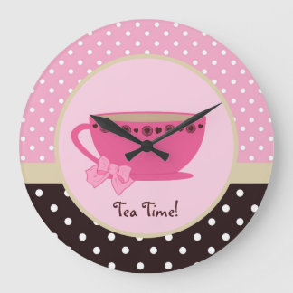Grande Horloge Ronde Arc Girly de point de polka de rose et de brun de