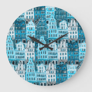 Grande Horloge Ronde Architecture d'Amsterdam, aquarelle bleue.