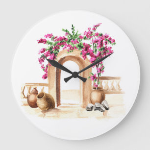 Grande Horloge Ronde Architecture méditerranéenne, fleurs, aquarelle, h