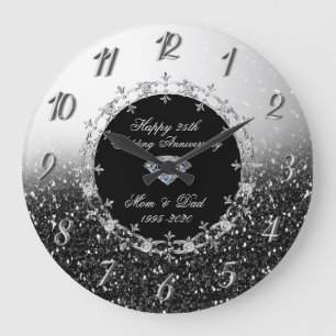 Grande Horloge Ronde Argent Anniversaire de Mariage 25 Ans Pailleté Noi