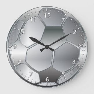 Grande Horloge Ronde argent effet métallique balle de football étoile
