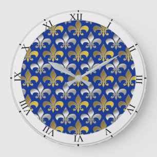 Grande Horloge Ronde Argent et or Fleurs-De-lis sur l'arrière - plan