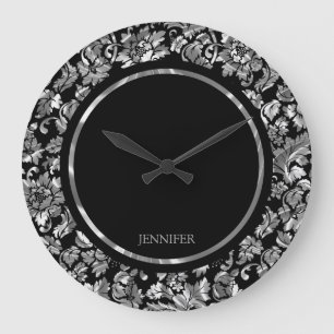 Grande Horloge Ronde Argent Noir Et Métallique Vintage Damas Florales