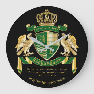Grande Horloge Ronde Armoiries personnalisées Emblème d'aigle vert d'