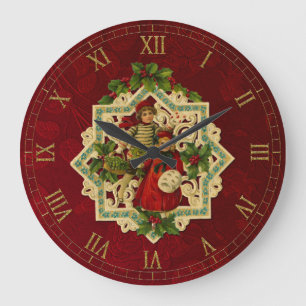 Grande Horloge Ronde Arrière - plan floral rouge vintage des enfants  