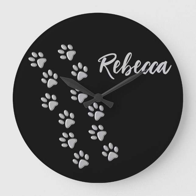Grande Horloge Ronde Arrière - plan noir Silver Dog Paws Motif d'impres (Recto)