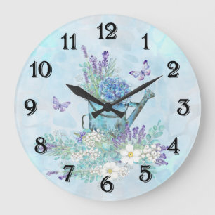 Grande Horloge Ronde Arrosage avec fleurs et papillons d'été