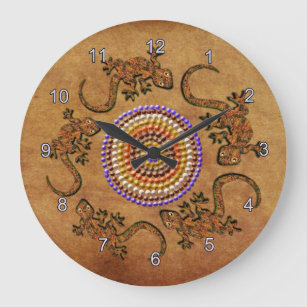 Grande Horloge Ronde Art aborigène australien avec un cercle de Geckos