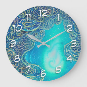 Grande Horloge Ronde Art Abstrait bleu et Turquoise