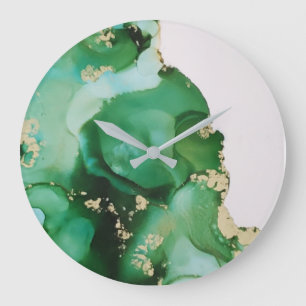 Grande Horloge Ronde Art Abstrait de fluide d'encre verte