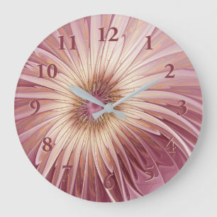 Grande Horloge Ronde Art Abstrait Fractal Fleur & Tons de Bourgogne