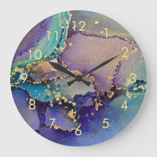 Grande Horloge Ronde Art Abstrait liquide marbré d'or coloré