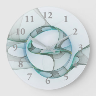 Grande Horloge Ronde Art Abstrait moderne Fractal Bleu Turquoise Gris