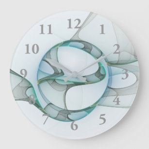 Grande Horloge Ronde Art Abstrait moderne Fractal Bleu Turquoise Gris