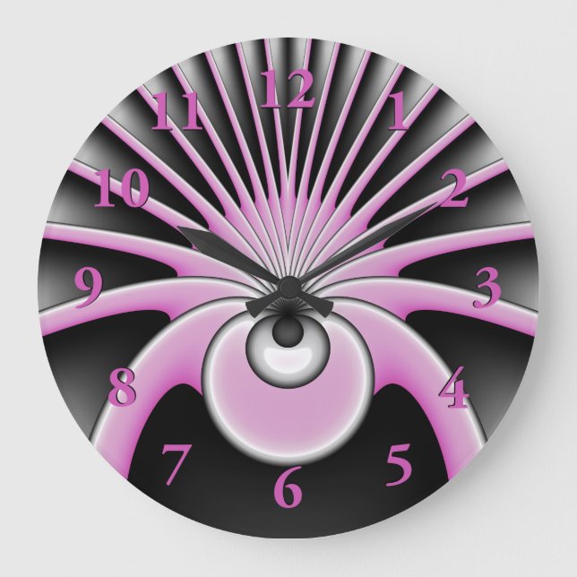 Grande Horloge Ronde Art Abstrait moderne Fractal rose Gris noir (Recto)