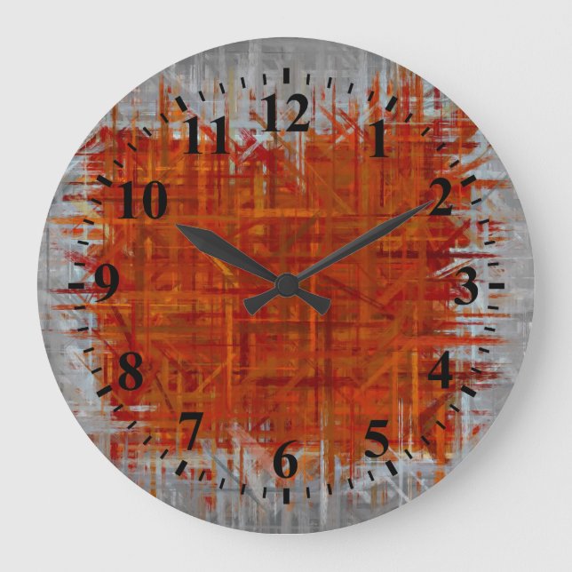 Grande Horloge Ronde Art abstrait orange et gris peignant 4 (Recto)