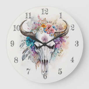 Grande Horloge Ronde Art aquarelle de crâne de taureau floral