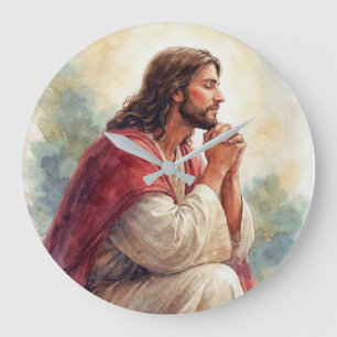 Grande Horloge Ronde Art aquarelle Jésus en prière Foi chrétienne