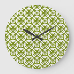 Grande Horloge Ronde Art avec motif géométrique vert olive et blanc mod