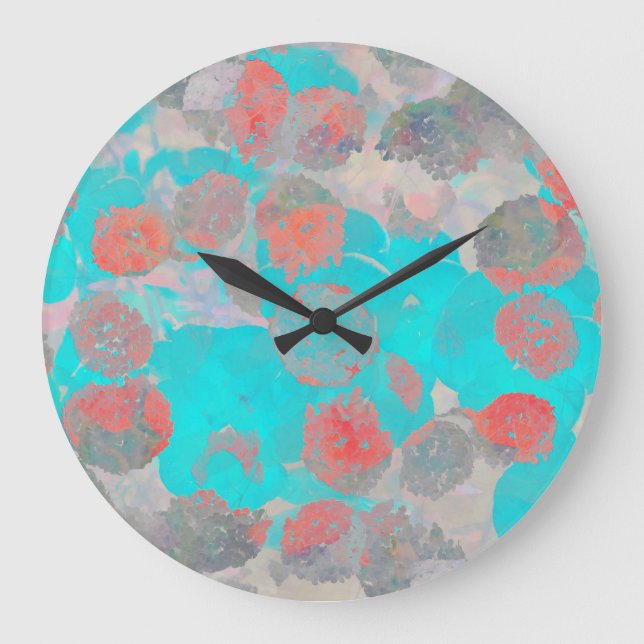 Grande Horloge Ronde Art bleu rouge romantique floral / motif de fleurs (Recto)