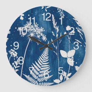 Grande Horloge Ronde Art botanique de fougère au cyanotype bleu indigo