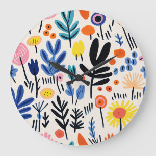 Grande Horloge Ronde Art botanique nordique floral folk scandi