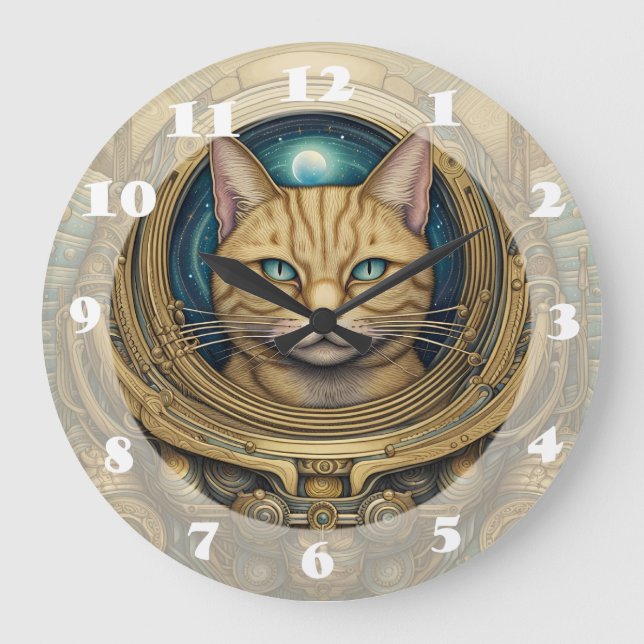 Grande Horloge Ronde Art cyberpunk astronaute de chat (Recto)