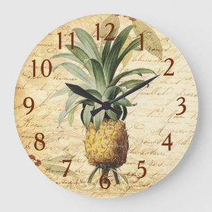 Grande Horloge Ronde Art de l'ananas en calligraphie française vintage 